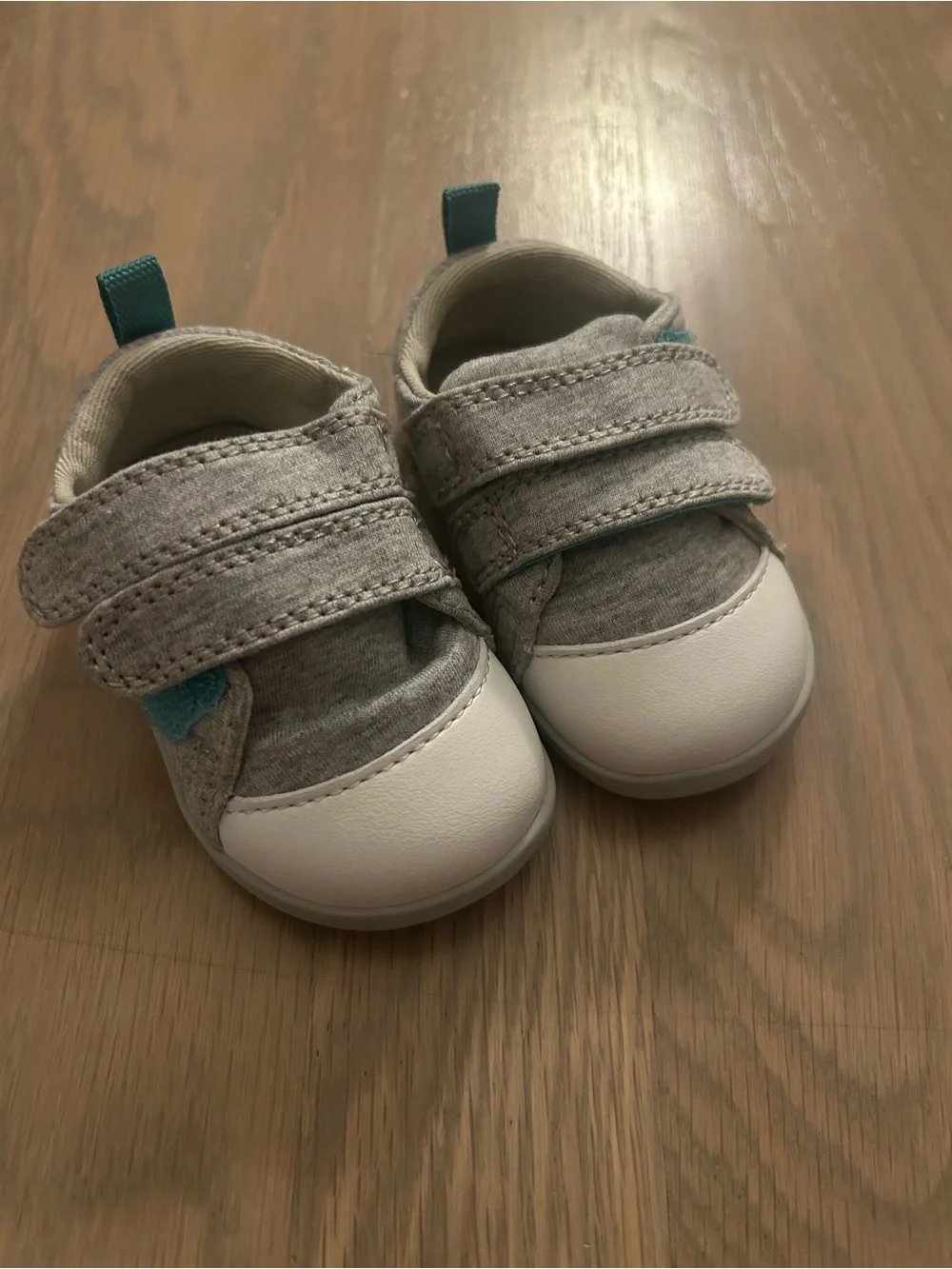 Ten Little Gray Baby Walker Shoes with Teal Accent